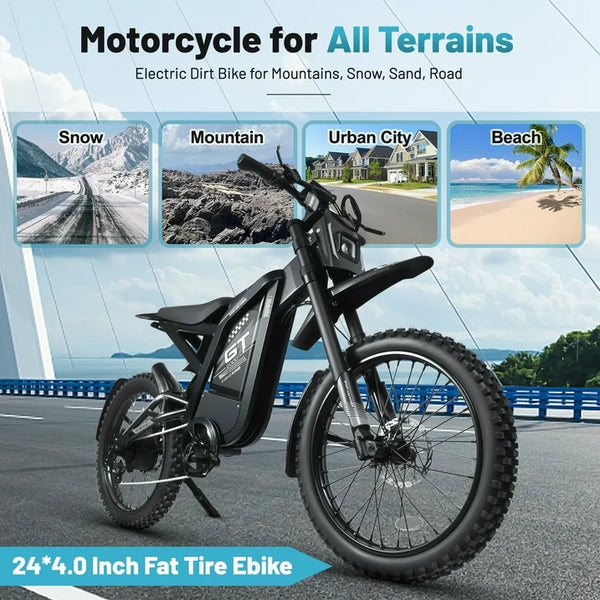 GT2000 Electric Dirt Bike for Adults, 3000W Peak Electric Motorcycle 37MPH 48V 30Ah Battery, 85+Miles Electric Bike, 24" Fat Tire Ebike, Dual Hydraulic Brakes Mountain Bike, Full Suspension, UL2849