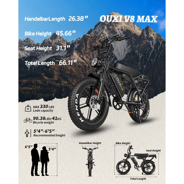 OUXI V8 Max Electric Bike for Adults, 48V 30Ah Battery 20" Fat Tire Electric Mountain Fat Tire Ebike 750W 28MPH, UL2849