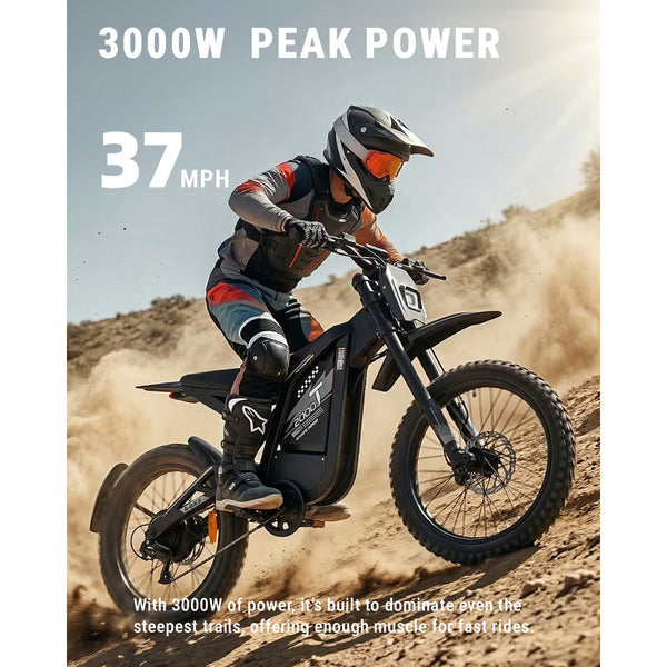 VTOKW T2000 Electric Dirt Bike for Adults,3000W Peak Electric Bike,48V 30Ah Battery,37MPH/85+Miles Electric Motorcycles,24" Fat Tire E Dirtbike,Dual Hydraulic Brakes Mountain Bike,E Dirt Bike UL2849