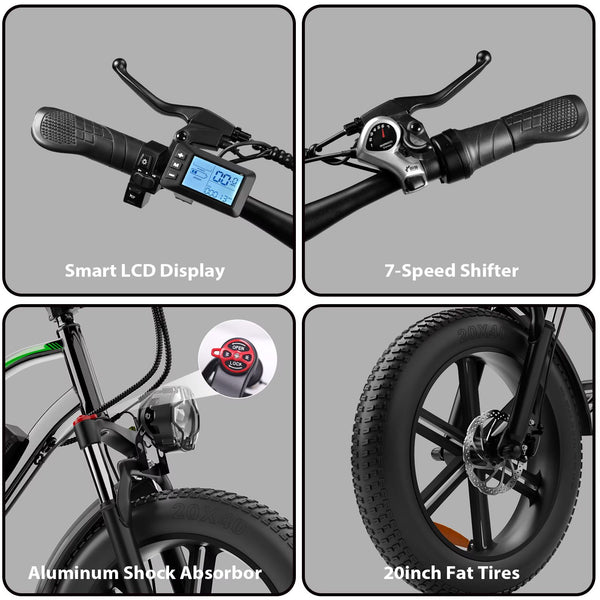 OUXI Electric Bike for Adults, 500W Electric Bicycle, 48V/13Ah Battery, 20'' Fat Tire Ebike, 38 Miles Range Mountain Bike for Cycling, 7 Speed E Bike, E-bike UL2849