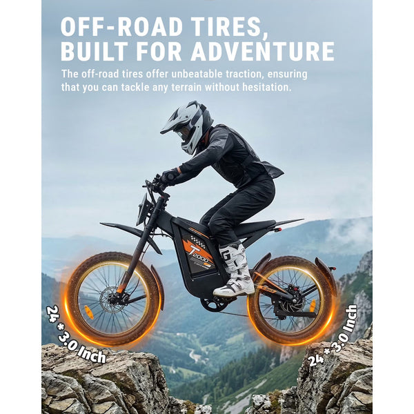 VTOKW T2000 Electric Dirt Bike for Adults,3000W Peak Electric Motorcycle 37MPH 48V 30Ah Battery,85+Miles Electric Bike,24" Fat Tire Ebike,Dual Hydraulic Brakes Mountain Bike,Full Suspension,UL2849