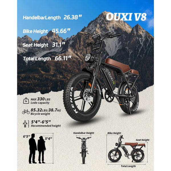 VTOKW V8 Electric Bike for Adults,1000W Peak Motor Adult Electric Bicycle,48V 15Ah Battery,Up to 31MPH,20'' Fat Tire Ebike,Dual Disc Brakes Mountain Bike for Cycling,7 Speed E Bike,E-bike UL2849