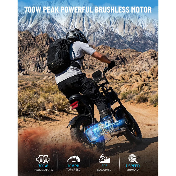 OUXI V8 MINI Electric Bike for Adults, 500W Peak E-Bike with 16" Fat Tires, Removable Battery Options 10.4Ah 7-Speed Electric Bicycle with Dual Disc Brakes