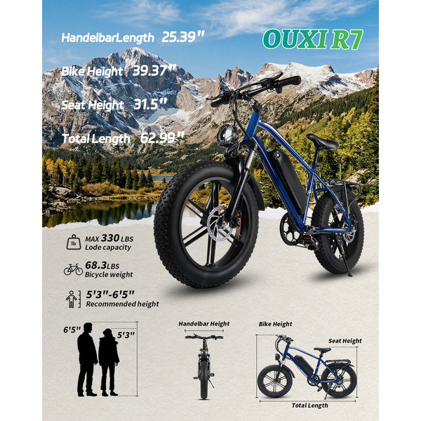 VTKOW R7 Fat Tire Electric Bike, 1000W Peak High Power Off-Road Ebike, 48V 13Ah Battery 25MPH, 20" All-Terrain Electric Mountain Bicycle with Front Suspension, 7-Speed, UL Certified