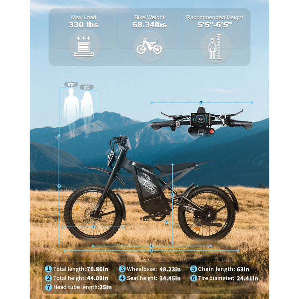 OUXI T2000 Electric Dirt Bike for Adults, 3000W Peak Motor, 48V 30Ah Battery, up to 37 MPH & 85+ Miles Range, 24" Fat Tire E-Dirt Bike, Dual Hydraulic Brakes, Off-Road Electric Motorcycle, UL2849 Cer