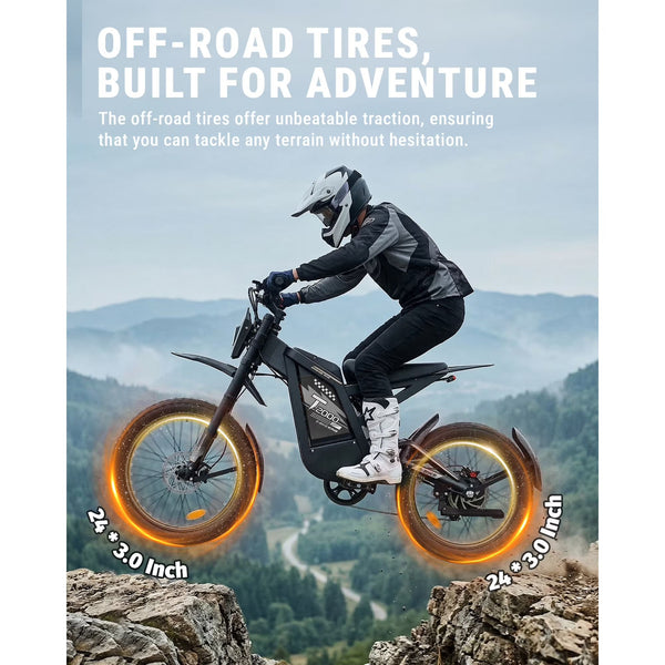 VTOKW T2000 Electric Dirt Bike for Adults,3000W Peak Electric Bike,48V 30Ah Battery,37MPH/85+Miles Electric Motorcycles,24" Fat Tire E Dirtbike,Dual Hydraulic Brakes Mountain Bike,E Dirt Bike UL2849