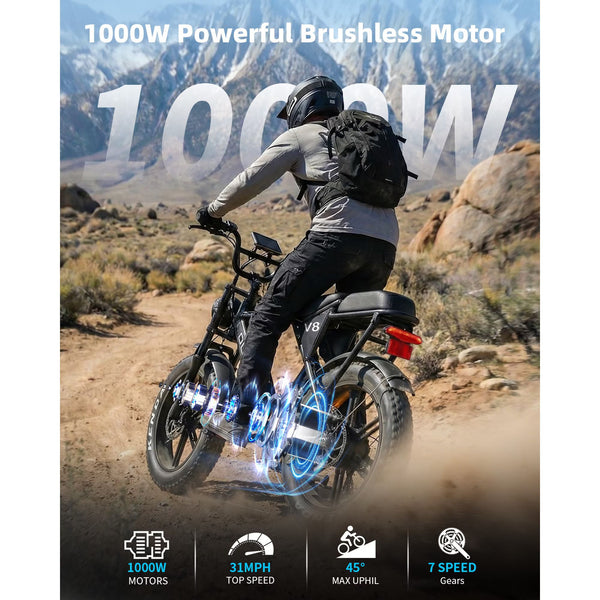 OUXI V8 Max Electric Bike for Adults, 48V 30Ah Battery 20" Fat Tire Electric Mountain Fat Tire Ebike 750W 28MPH, UL2849