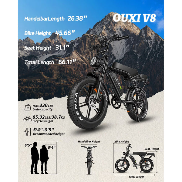 OUXI V8 Electric Bike for Adults, Ebike Moped Style with 1000W Peak Motor 48V 15Ah Battery, 20'' Fat Tire E Bike, Dual Disc Brakes Mountain Bike for Commuting & Off-Road, E-bike UL2849