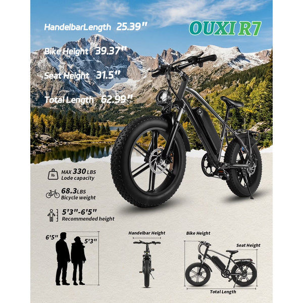 OUXI Electric Bike for Adults, Peak 1000W Electric Bicycle, 48V/13Ah Battery, Up to 25MPH, 20'' Fat Tire Ebike, 38 Miles Range Mountain Bike for Cycling, 7 Speed E Bike, E-bike UL2849