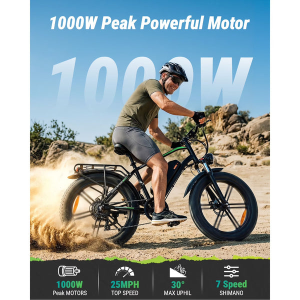VTOKW Electric Bike for Adults, Peak 1000W Electric Bicycle, 20X4.0" Fat Tire Ebike, 25MPH Mountain Bike, 48V/13AH Battery, 38 Miles Range E Bike for Cycling, 7-Speed E-Bike, Ebike for Adults UL2849