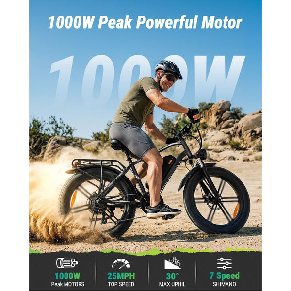 VTOKW Electric Bike, Peak 1000W Electric Bicycles for Adults, 20X4.0" Fat Tire Ebike, 48V/13AH Battery, 25MPH E-Mountain Bike for Cycling & Off-Road, 7-Speed Front Suspension Ebike for Adults UL2849