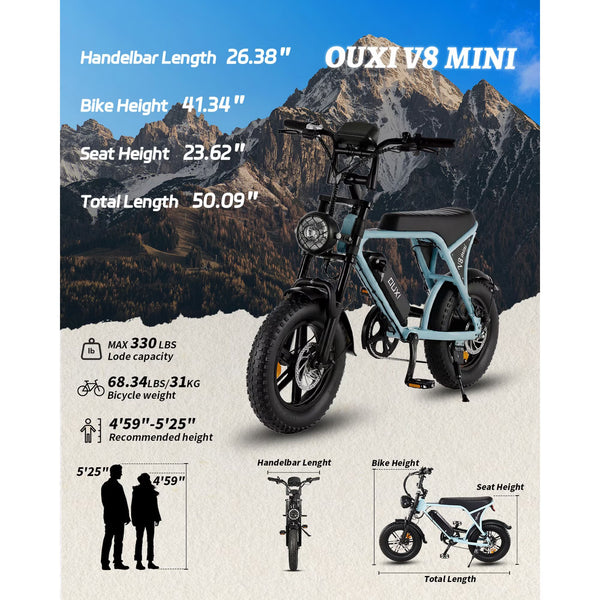OUXI V8 Mini Electric Bike for Adults, 16" Fat Tire Ebike, 500W 20MPH Electric Bicycle, 36V 10.4Ah, E Bike UL2849