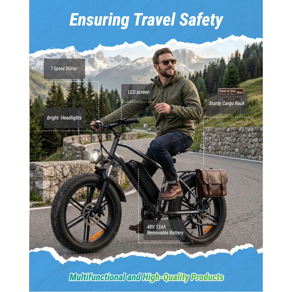 VTOKW Electric Bike, Peak 1000W Electric Bicycles for Adults, 20X4.0" Fat Tire Ebike, 48V/13AH Battery, 25MPH E-Mountain Bike for Cycling & Off-Road, 7-Speed Front Suspension Ebike for Adults UL2849
