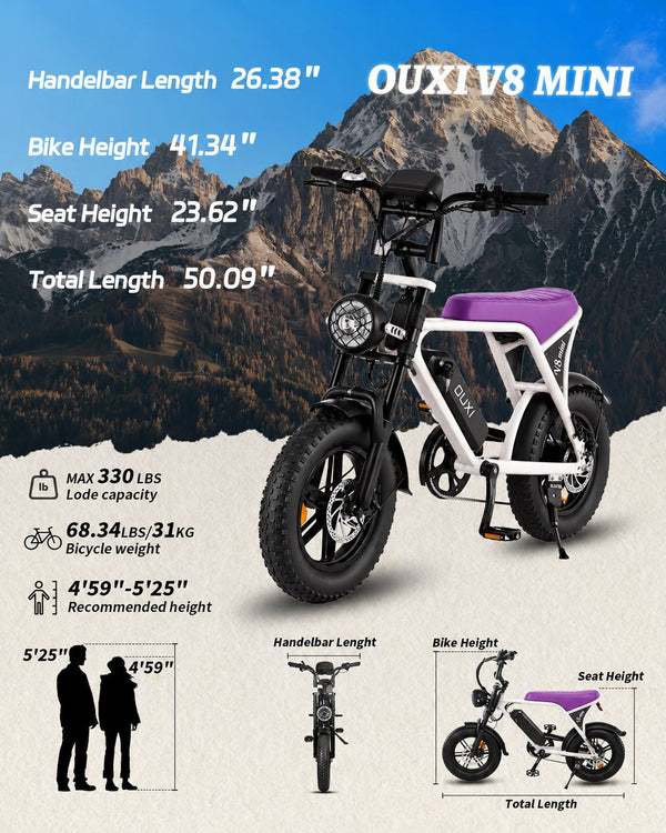 OUXI V8 Mini Electric Bike for Adults, 16" Fat Tire Ebike, 500W 20MPH Electric Bicycle, 36V 10.4Ah, E Bike UL2849