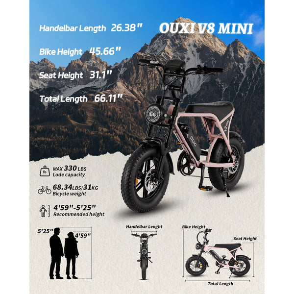 OUXI V8 Mini Electric Bike for Adults, 16" Fat Tire Ebike, 500W Electric Bicycle, 36V 10.4Ah, Pink E Bike UL2849