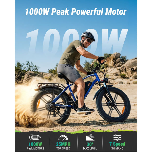 VTKOW R7 Fat Tire Electric Bike, 1000W Peak High Power Off-Road Ebike, 48V 13Ah Battery 25MPH, 20" All-Terrain Electric Mountain Bicycle with Front Suspension, 7-Speed, UL Certified