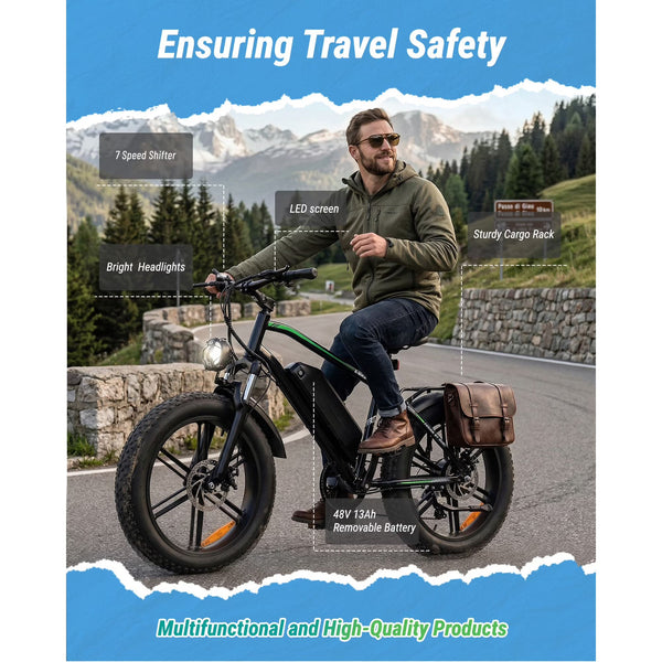 VTOKW Electric Bike for Adults, Peak 1000W Electric Bicycle, 20X4.0" Fat Tire Ebike, 25MPH Mountain Bike, 48V/13AH Battery, 38 Miles Range E Bike for Cycling, 7-Speed E-Bike, Ebike for Adults UL2849
